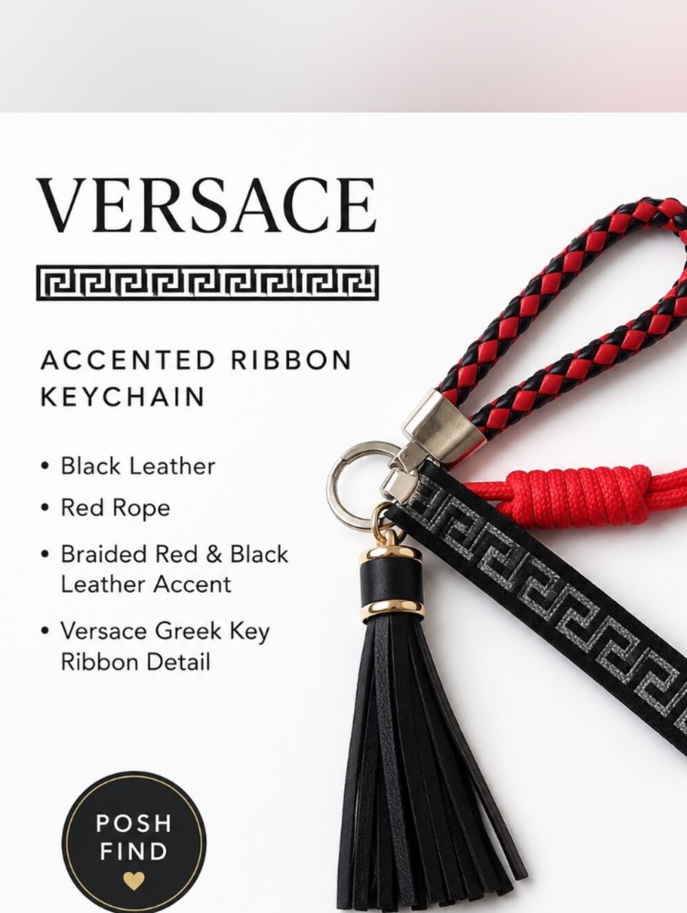 Versace Ribbon Accent Black and Red Leather Tassel & Braided Keychain Bag Charm